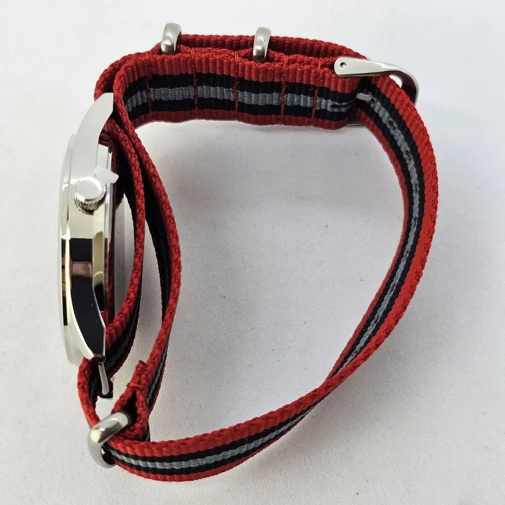 Men's Field Military Watch 42MM Black Dial Red Black Gray‎ Canvas Band Strap